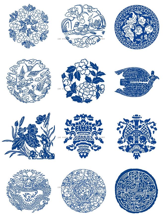 中式古典青花瓷器图案龙图腾印花贴图纹理AI矢量PNG设计素材样图